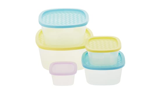 Set of empty transparent plastic containers for food isolated on white background. Lunch box. Ware of a warming up of food in a microwave and storages in the refrigerator.