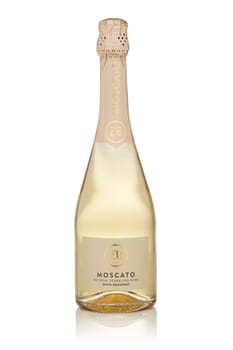St.Petersburg, Russia - October 2019 - Moscato ZB wine. Bottle of white semisweet natural sparkling wine Moscato ZB wine isolated on a white background..