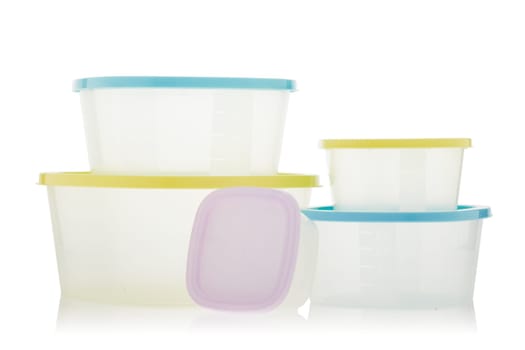Set of empty transparent plastic containers for food isolated on white background. Lunch box. Ware of a warming up of food in a microwave and storages in the refrigerator.