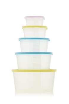Set of empty transparent plastic containers for food isolated on white background. Lunch box. Ware of a warming up of food in a microwave and storages in the refrigerator.