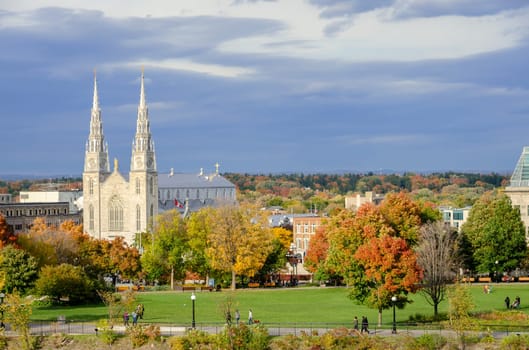 Stunning aerial view of Notre Dame Cathedral Basilica in autumn, Ottawa, Canada