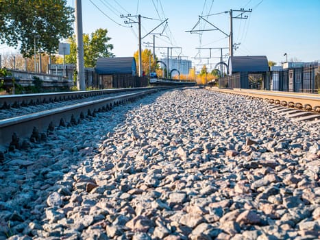 Railway rails for the movement of trains. Railway. Transport.