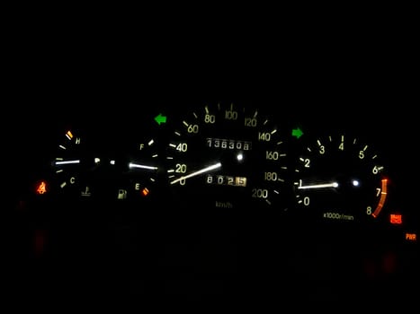 Car dashboard in the dark. Transport. Technologies. Place for text.