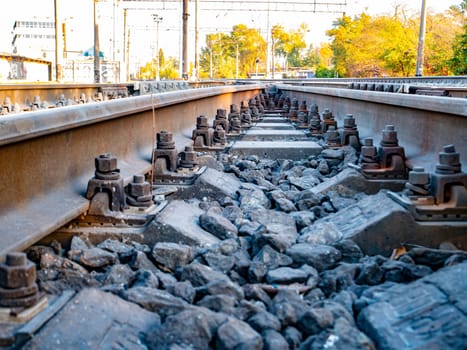 Railway rails for the movement of trains. Railway. Transport.