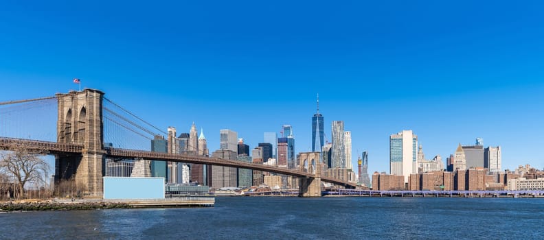 Panorama Brooklyn bridge with Lower Manhattan skyscrapers bulding for New York City in New York State NY , USA