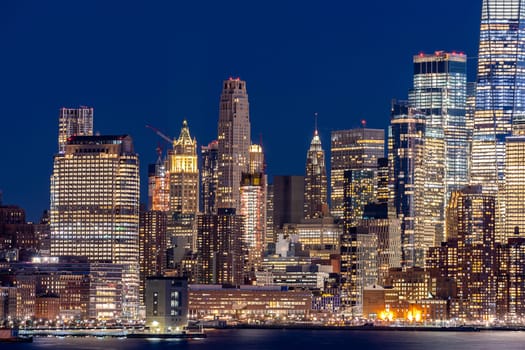 Aerial view of New York city Manhattan skyline cityscape at dusk from New Jersey.