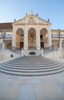 Coimbra, Portugal - Sept 6th 2019: Via Latina building at University of Coimbra Courtyard. Blue sky background