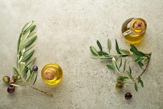 Healthy olive oil bottle with fresh olives ingredients close up. Healthy concept