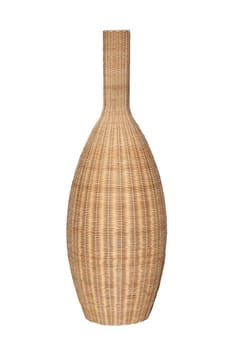 Decoration element isolated. Close-up of a large empty wicker basket vase isolated on a white background.