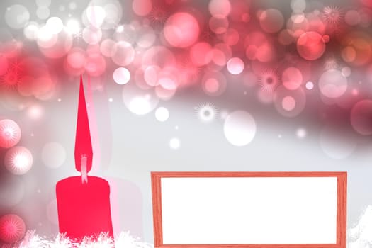 Christmas card concept. Abstract burning red christmas candle and empty white board for text on blurred festive winter xmas background texture with shiny light pink and white bokeh lighted stars.