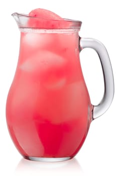 Pitcher of cold iced watermelon drink garnished with fruit scoop, isolated