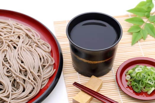 Japanese Zaru soba noodles on wooden plate on white background