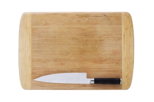 A wood chopping board and Japanese chefs knife isolated on white with clipping path