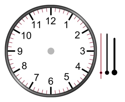 A clock illustration face with numbers hour minute and second hands isolated on white background with clipping path