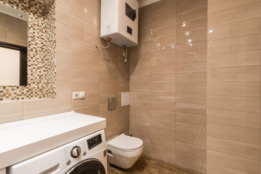 Russia, Moscow- June 11, 2019: interior room apartment. standard repair decoration in hostel. bathroom and toilet
