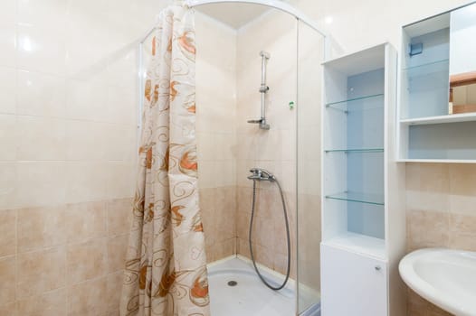 Russia, Moscow- June 11, 2019: interior room apartment. standard repair decoration in hostel. bathroom and toilet