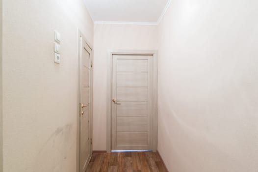 Russia, Moscow- June 11, 2019: interior room apartment. standard repair decoration in hostel. rough repair for self-finishing. finishing stage of construction