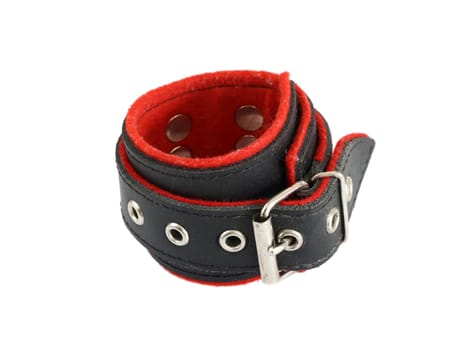 Leather cuffs for hands and legs for erotic games on white background
