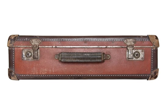 Old worn traveling suitcase on white background