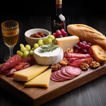 Delicious spread of mixed cheeses and cured meats beautifully arranged with fresh baguette slices and creamy butter for sharing.