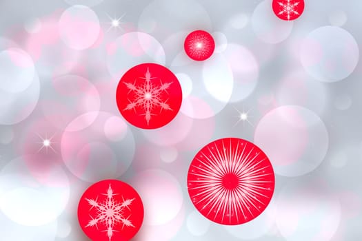 Red Christmas balls over abstract festive delicate winter christmas or New Year background texture with shiny light blue pink and white bokeh lighted stars. Space.