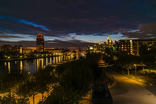 FRANKFURT am MAIN, GERMANY 2019 OCTOBER 05 Illuminated Cityscape Night View Frankfurt am Maine Germany