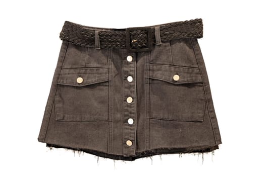 Jeans skirt. Close-up of sexy short brown jeans skirt with a elegant brown leather belt isolated on a white background. Denim fashion for girls.