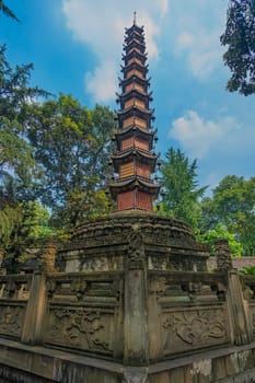 Tall landmark Thousand Buddha Pagoda in the courtyard of the Wenshu Monastery, Chengdu, China
