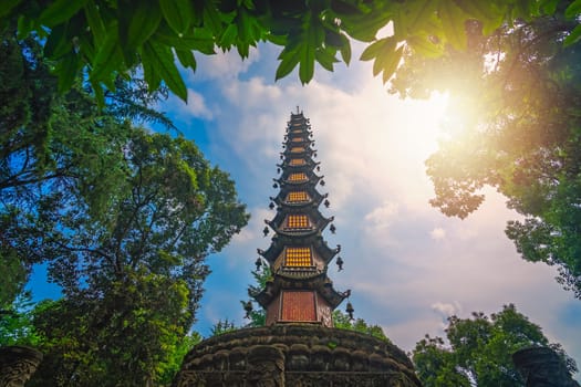 Tall landmark Thousand Buddha Pagoda in the courtyard of the Wenshu Monastery, Chengdu, China