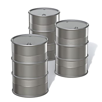 Three metal barrels 3D render illustration isolated on white background