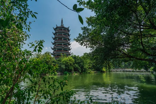 Landmark Moon Pagoda Tower at Shanhu or Shan Lake in Guilin town, Guangxi Province, China