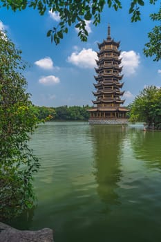 Landmark Sun Pagoda Tower at Shanhu or Shan Lake in Guilin town, Guangxi Province, China