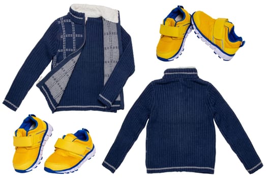 Collage set of children clothes. A warm dark blue cardigan or jacket with a white checkered pattern in a front and back view and a pair of a yellow blue sneaker for child boy isolated on a white background.