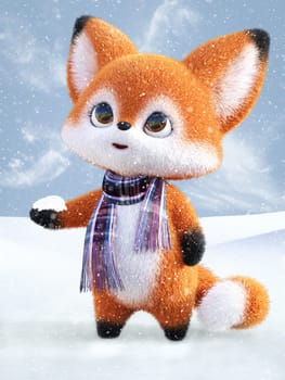 3D rendering of an adorable cute happy furry cartoon fox standing with snow in its hand and looking at the snow in the air. Snowy background.