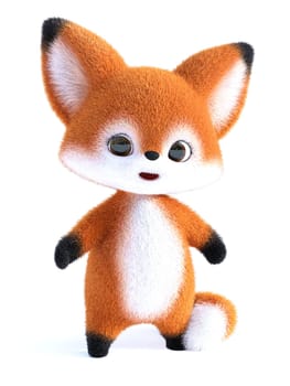 3D rendering of an adorable happy furry cartoon fox standing and looking cute. White background.