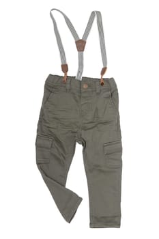 Jeans isolated. Trendy stylish khaki denim pant or trousers for child boy with striped suspenders isolated on a white background. Jeans summer and autumn fashion.