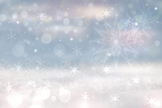 Christmas card template. Abstract festive natural light blue white winter christmas landscape background texture with blue sky and bokeh lighted snowflakes and stars. Card design.