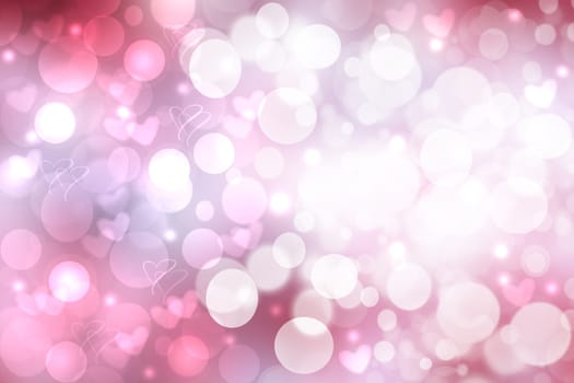 Happy Valentines or wedding day. Abstract delicate love romantic holiday pink gradient purple background with white bokeh circles and hearts. Template for cards with space for your design. Beautiful texture.