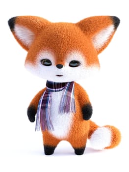 3D rendering of an adorable cute happy furry cartoon fox standing and wearing a scarf. White background.