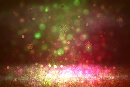 Christmas card template. Abstract festive natural red green gold winter christmas landscape background texture with bokeh lighted snowflakes and stars. Card design. Beautiful backdrop.