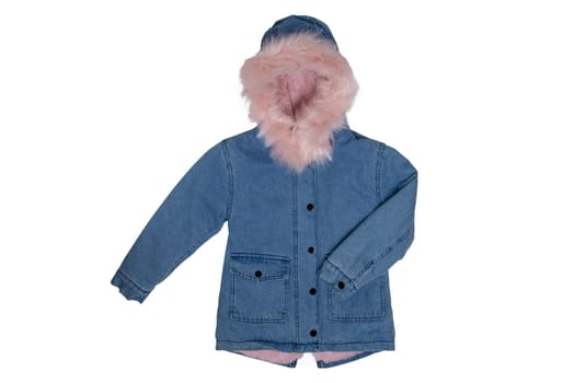 Kids jeans jacket isolated. A stylish fashionable cozy warm denim blue jacket with a light pink lining for the little girl. Children autumn and winter fashion.