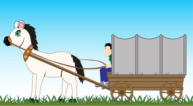 Horse with coated by tarpaulin by vehicle and coachman