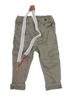 Jeans isolated. Trendy stylish khaki denim pant or trousers for child boy with striped suspenders isolated on a white background. Jeans summer and autumn fashion.