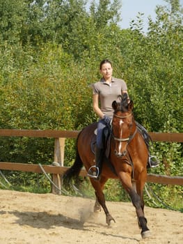 St. Petersburg, Russia, august 19, 2019 Woman jockey riding a horse, horse trotting