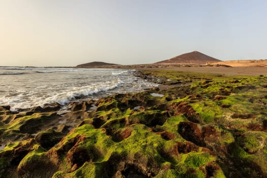 El Medano beach, in background La Montana Roja, Tenerife island, Spain