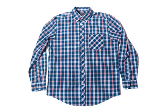 Blue checked button down casual shirt on white background