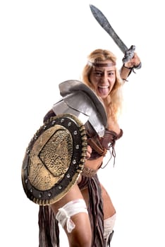 Ancient woman warrior or Gladiator posing with sword and shield, isolated in white