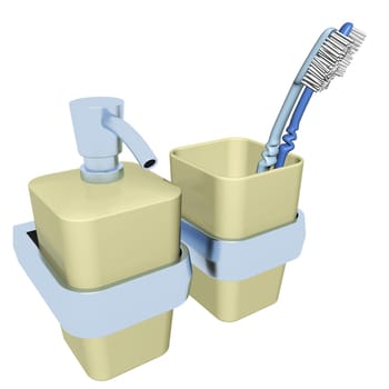 Plastic soap dispenser with a chrome pump and stripe and a plastic glass with a chrome strip, with two toothbrush 3D illustration, isolated against a white bacground