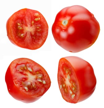 Levitating halves of cherry tomatoes close-up isolated on a white background, set of four slices