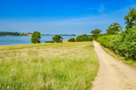 Track leading towards Rutland Water a large reservoir in Leicestershire. With blue sky grass and trees.